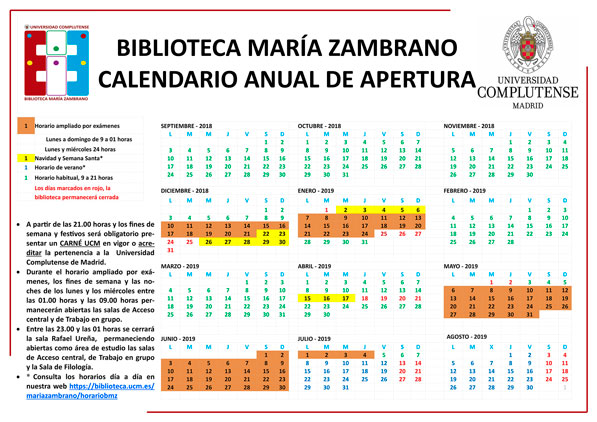 Biblioteca Mara Zambrano. Calendario de apertura curso 2018-2019