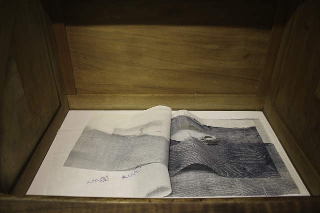 FRANCESCA GENNA. LOS QUE VAN, 2019   Xilografa, fotograbado y cosido sobre gasa. 35 cm x 30 cm. Libro nico