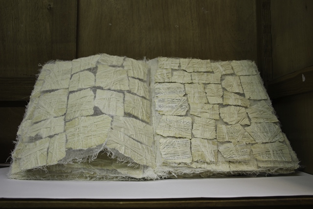 MANUELA CANDINI Raccogliere, catalogare, annotare, 2019 Cartn vegetal, algodn, gasa, pginas de libros 34 cm x 30 cm Libro nico