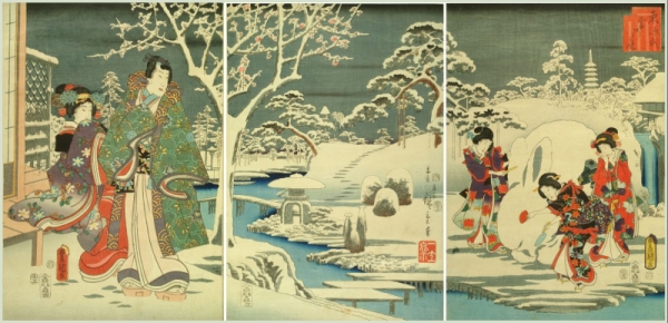 U. Kunisada / U. Hiroshige. Genji de Edo. Vista del jardn. Xilografa. 1854. J-A/14