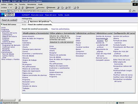 Imagen del Panel de Control, Seguimiento de Alumnos