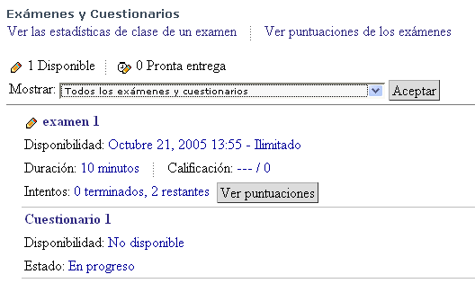 Imagen con el listado de examenes y cuestionarios de un espacio/curso