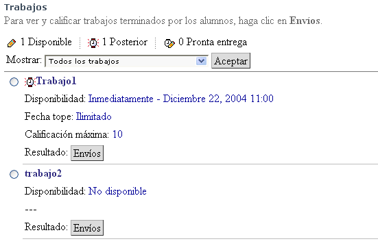 Imagen con el listado de los trabajos de un espacio/curso